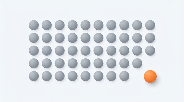 Single orange circle breaking away from a uniform gray grid pattern, concept of standing out and deviation
