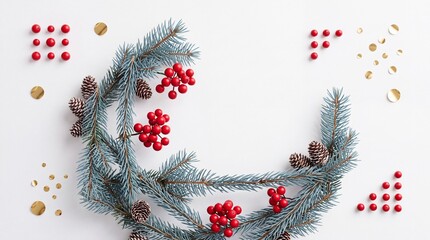 Obraz premium Minimalist Christmas background featuring blue pine branches, red berries, and pine cones arranged in a crescent shape with gold confetti on white surface, perfect for holiday greeting cards.