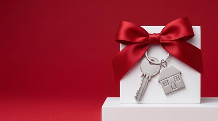 Obraz premium New House Key with House-Shaped Keychain Hanging on a White Gift Box Decorated with a Large Red Satin Ribbon Bow Over a Solid Red Background, Symbolizing Property Purchase and Real Estate Investment