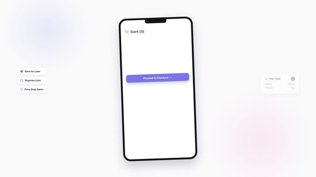 Mobile shopping app interface showing wishlist items moving to cart and checkout confirmation, isolated on solid background