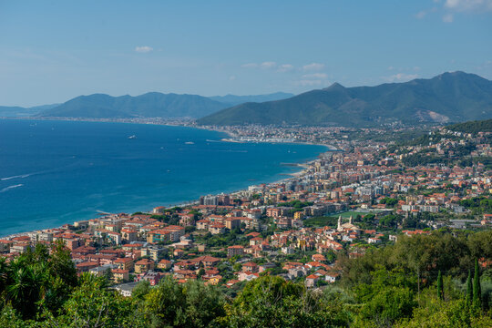 Panoramic overhead view of the coastline and the coastal town of Loano.