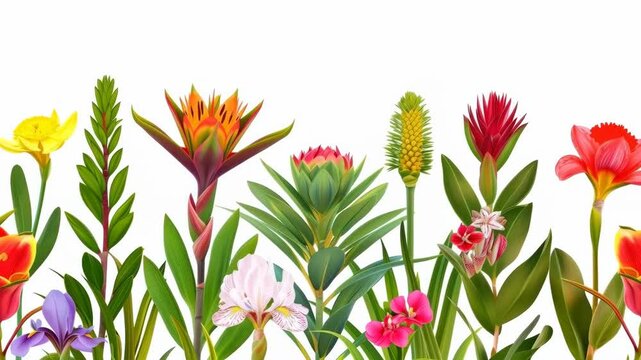 Assorted Tropical Flowers and Botanical Foliage at Bottom Frame