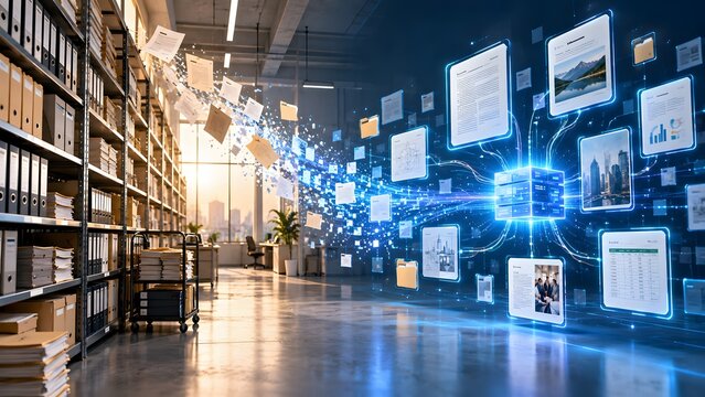 Physical archive shelves with flying paper documents transforming into glowing central digital database server and holographic interface