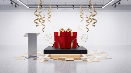Obraz premium Luxury red gift box with gold ribbon on a black pedestal in a modern minimalist studio gallery with hanging golden streamers and a silver podium for a festive celebration or awards ceremony.