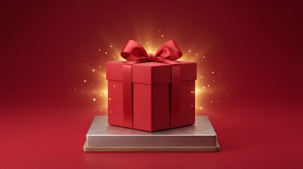 Obraz premium Elegant Red Gift Box with Satin Ribbon Bow on Silver Platform Against Vibrant Red Background, Featuring Magical Glowing Golden Light and Sparkling Dust for Christmas or Valentine Celebration