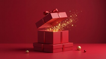 Obraz premium Open Red Gift Box with Golden Glowing Magic Sparkles and Particles on Minimalist Red Background for Christmas, Birthday, Valentine's Day, or Festive Celebration Surprise Concept