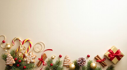 Obraz premium Festive Christmas Border with Gingerbread Cookies, Pine Branches, Candy Canes, Cinnamon Sticks, and Gift Box on Beige Background with Copy Space for Holiday Season Greeting Cards and Banner