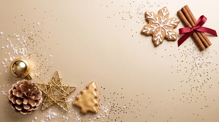Obraz premium Elegant Christmas and New Year festive background with golden ornaments, gingerbread cookies, cinnamon sticks, and glitter on beige surface with central copy space for text.