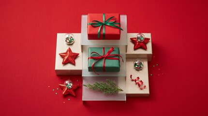 Obraz premium Elegant Christmas Flat Lay Composition Featuring Red and Green Gift Boxes with Silk Ribbons, Sparkling Sequined Stars, Festive Ornaments, and Evergreen Pine Branch on Pedestals over Red Background