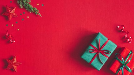 Obraz premium Christmas Holiday Flat Lay Composition on Red Fabric Background Featuring Green and Red Gift Boxes with Ribbons, Pine Branch, Glitter Stars, and Festive Confetti for Seasonal Celebration Content.