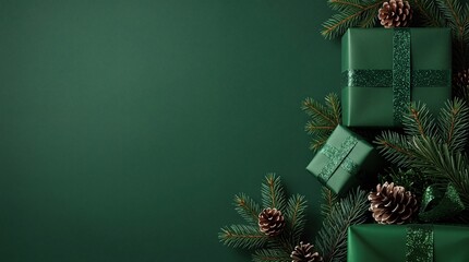 Obraz premium Elegant Christmas Background with Green Gift Boxes Wrapped in Glittery Ribbons, Pine Cones, and Fir Branches on Dark Green Surface with Ample Copy Space for Festive Season Greeting and Design