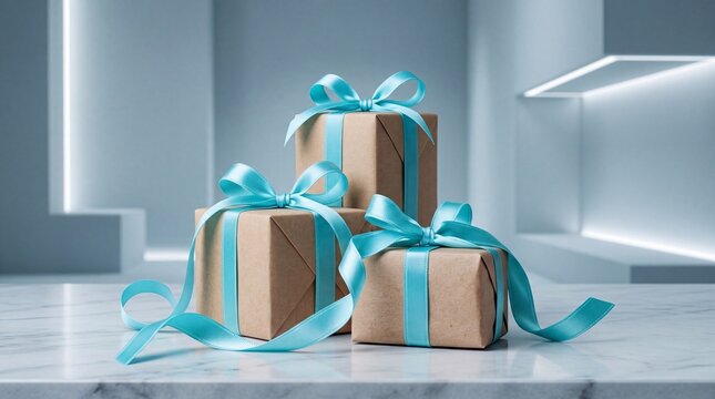 Elegant group of three gift boxes wrapped in sustainable brown craft paper and tied with decorative light blue satin ribbons, arranged on a white marble surface within a bright minimalist setting.