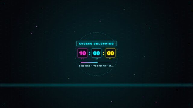 Futuristic Neon Digital Countdown Timer HUD with Access Unlocking and Decrypting Text on Solid Dark Background, Motion Graphics