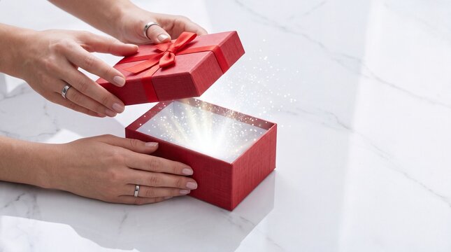 Close up of female hands opening a mysterious red gift box with a red ribbon on a white marble background, revealing a glowing magical light and sparkling particles from inside the box.