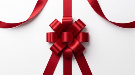 Obraz premium Elegant Large Red Satin Pom Pom Gift Bow with Flowing Ribbons Isolated on White Background for Christmas, Valentine's Day, Birthday, Anniversary, or Wedding Celebration Decoration.