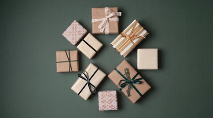 Obraz premium Aesthetic Top View of Various Gift Boxes Wrapped in Kraft and Patterned Paper Arranged in a Circle on Dark Green Background, Festive Holiday Present Collection for Christmas and Special Occasions