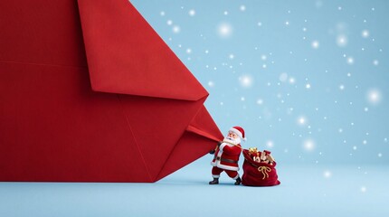 Obraz premium Miniature Santa Claus Figurine Pulling a Giant Red Envelope and a Sack Full of Christmas Gifts against a Light Blue Snowy Background, Representing a Bulk Delivery of Holiday Greetings and Letters