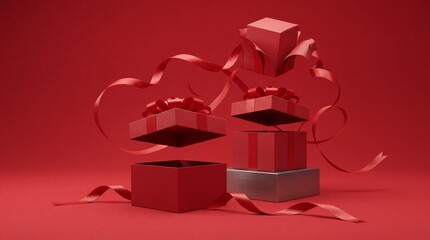 Obraz premium Elegant Floating Red Gift Boxes with Dynamic Swirling Ribbons on Red Background, Minimalist Concept for Christmas, Valentine's Day, New Year, or Anniversary Celebration and Surprise Rewards.