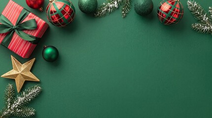 Obraz premium Christmas Holiday Flat Lay Background Featuring a Red Wrapped Gift Box, Festive Ornaments, Gold Star, and Frosted Pine Branches on a Dark Green Surface with Ample Copy Space for Text or Greeting.