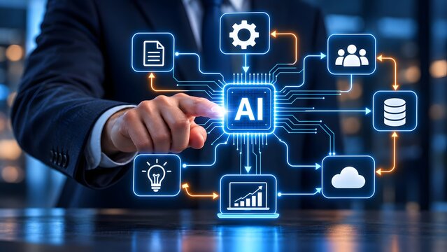 Enterprise Technology Leader Interacting With Artificial Intelligence Hologram To Integrate Cloud Analytics Database And Corporate Communication Systems