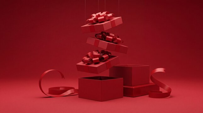 Elegant Red Gift Boxes with Ribbons and Bows Floating and Stacked on a Monochrome Red Background for Christmas, Valentine's Day, and Special Occasions Surprise Celebration Concept