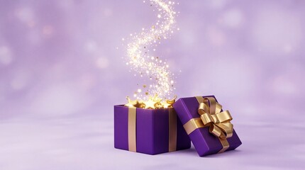 Obraz premium Magical Purple Gift Box Opened with Glowing Golden Stars and Sparkling Stardust Rising Against a Soft Dreamy Bokeh Background, Luxury Surprise Celebration and Holiday Concept 3D Illustration
