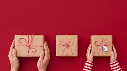 Obraz premium Top view of hands of an adult and child holding Christmas gift boxes wrapped in craft paper with red twine on a vibrant red background. Minimalist holiday preparation and giving presents concept.