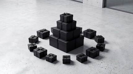 Obraz premium Elegant stack of premium black luxury gift boxes with ribbons arranged in a pyramid shape surrounded by a circle of smaller boxes on a minimalist concrete floor for holiday or Black Friday sales
