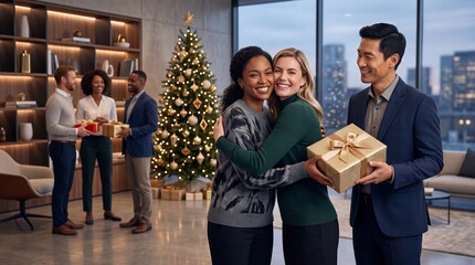 Obraz premium Happy diverse professional colleagues celebrating a Christmas office party in a modern corporate lounge with a decorated tree, exchanging gifts and hugging during a festive holiday event.