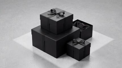 Obraz premium Collection of Luxury Matte Black Gift Boxes with Ribbons Arranged on Concrete Surface with Atmospheric Spotlight and One Open Box Revealing Silk Lining for Premium Brand Presentation