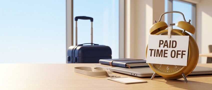 Paid Time Off (PTO) concept banner. Alarm clock with a paper note on a clothespin, suitcase, laptop, and ID badge on an office desk. Corporate travel and vacation background with copy space