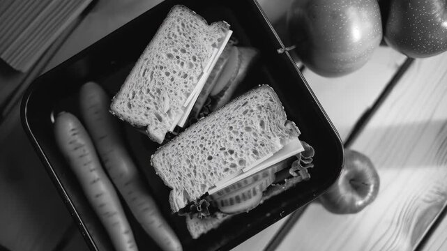 Monochrome Close-up of Artisan Sandwiches and Hot Dogs in a Lunch Box