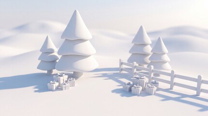 Obraz premium Minimalist 3D render of a white winter landscape featuring stylized pine trees, gift boxes, and a rustic wooden fence on soft snow-covered hills for Christmas and New Year festive celebrations.