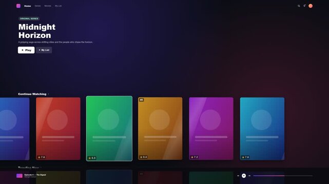 Streaming service interface browsing movie titles and series thumbnails in dark mode, smooth horizontal scrolling animation