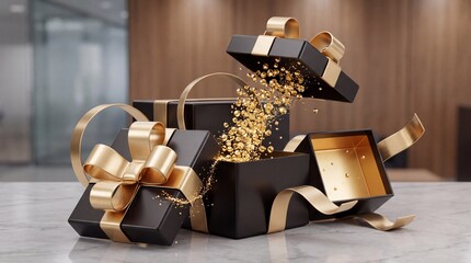 Obraz premium Luxury Black Gift Boxes with Elegant Gold Ribbons on Marble Surface, One Open Box Releasing Shimmering Golden Glitter Particles for Celebration, Surprise, and VIP Promotional Marketing Concept