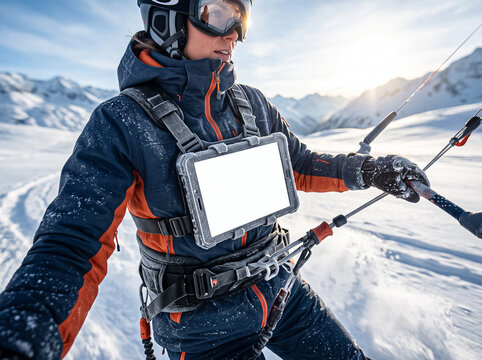 woman in winter sports suit helmet and goggles holding tablet with blank white screen on her chest during snowkiting in mountains showing extreme gear