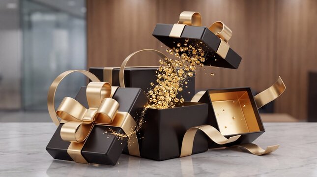 Luxury Black Gift Boxes with Elegant Gold Ribbons on Marble Surface, One Open Box Releasing Shimmering Golden Glitter Particles for Celebration, Surprise, and VIP Promotional Marketing Concept