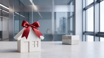 Obraz premium White Model House with Red Ribbon Bow on Marble Desk in Modern Office Interior, Representing Real Estate Investment, Mortgage Loan Approval, Property Gift, and New Home Ownership Concept