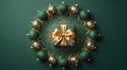 Obraz premium Elegant dark green gift box with a luxury golden ribbon bow centered in a circular wreath of festive Christmas ornaments and gold glitter on a dark green background, holiday flat lay concept.