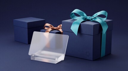 Obraz premium Premium banking rewards concept featuring elegant navy blue gift boxes with ribbons and a blank translucent payment card mockup on a stand against a dark blue background for financial services.
