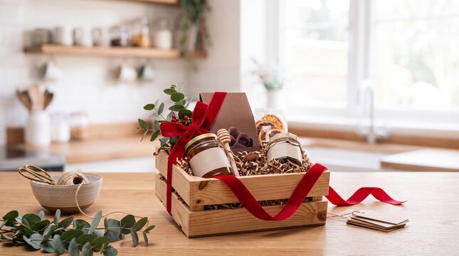 Beautifully Curated Gourmet Gift Hamper in a Wooden Crate on a Kitchen Counter featuring Organic Honey, Artisan Jam, Dried Fruit, and Eucalyptus with a Festive Red Ribbon for Holiday Gifting