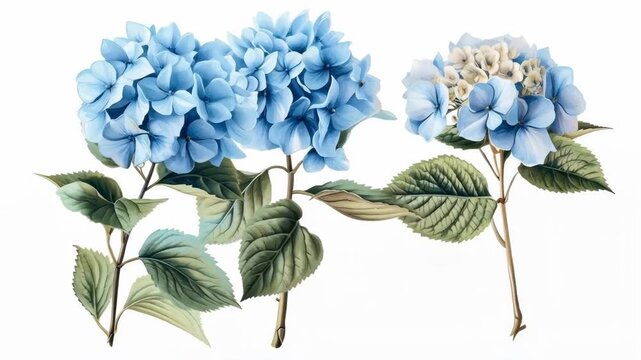 Pale Blue Hydrangea Flowers with Green Leaves on White Background