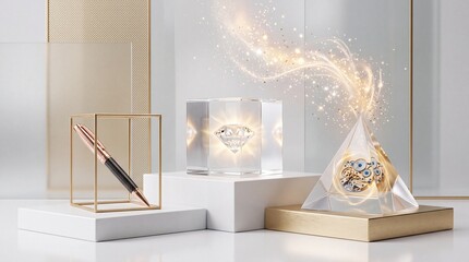 Obraz premium Elegant Still Life Concept Featuring a Radiant Diamond in a Crystal Cube, Intricate Watch Gears in a Glass Pyramid, and a Luxury Pen Representing Wealth, Precision, and Professional Success