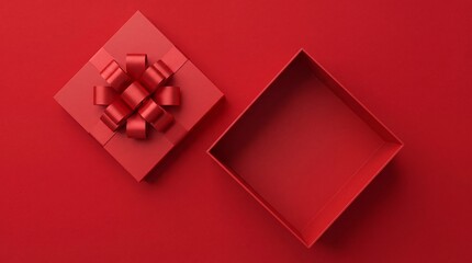 Obraz premium Top View of Open Empty Red Gift Box with Ribbon Bow on Matching Red Background, Minimalist Decorative Present Package for Valentine's Day, Christmas, Birthday, Anniversary, and Celebrations