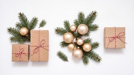 Obraz premium Minimalist Christmas Flat Lay Featuring Craft Paper Gift Boxes Tied with Red Twine Pine Tree Branches and Elegant Golden Baubles Ornaments Isolated on White Background for Holiday Season Decor