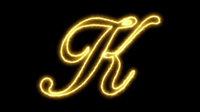 Golden neon letter k glowing script alphabet animation on black background