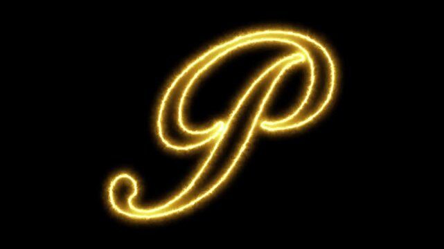 Glowing golden letter p neon sign animation on black background, script typography motion alphabet