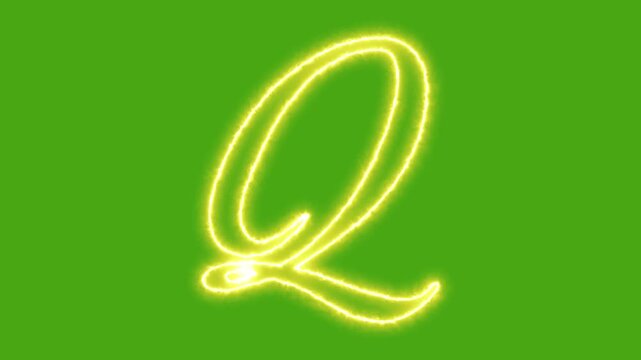 Glowing neon letter q animation on green screen, script alphabet character for motion