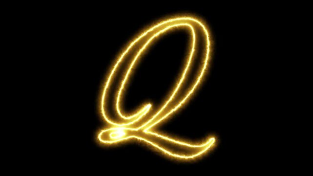 Glowing golden letter q neon script alphabet animation on black background, typography