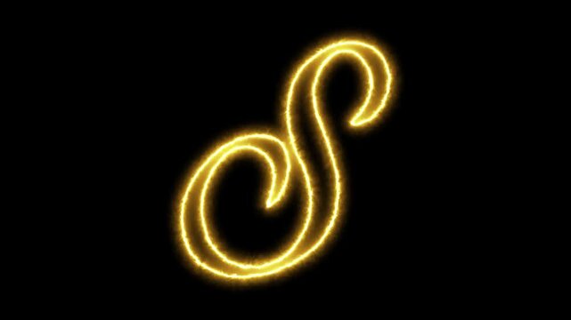 Glowing neon letter s animation with golden electric energy effect on black background, alphabet
